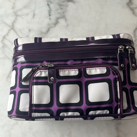 Sonia Kashuk travel bag double zippers train case top handle purple geometric - Picture 11 of 15